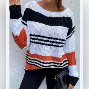 Striped Black, White, and Orange Women's Sweater